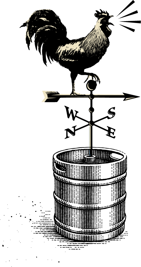 Illustration of a rooster weather vein in a beer keg